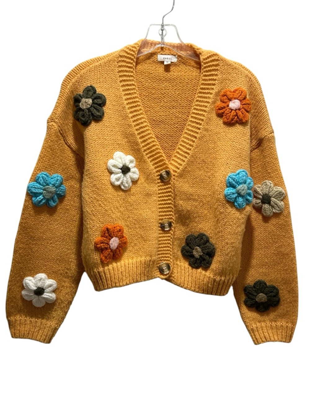 Debut Yellow Chunky Button-up Cardigan with Crocheted Flowers - Extra Small